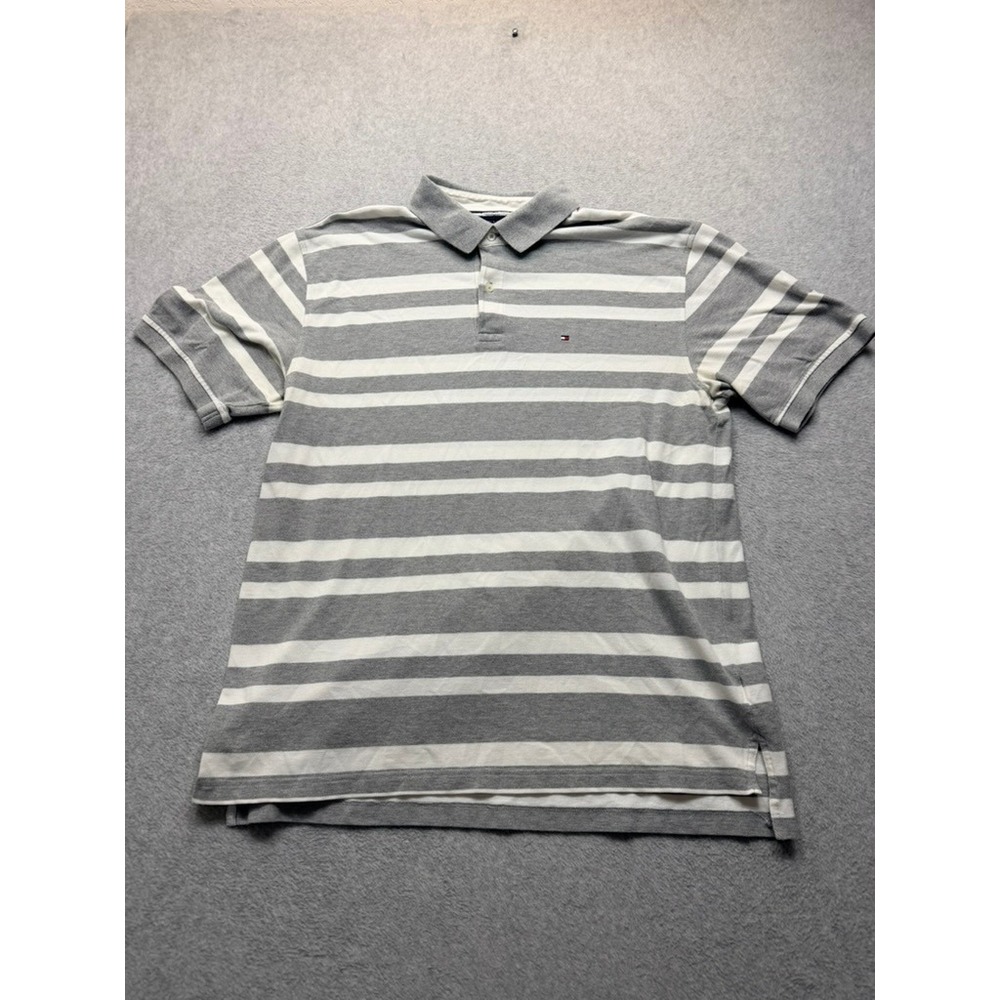 Tommy Hilfiger Mens Gray White Striped Short Sleeve Polo Shirt XXLarge Logo